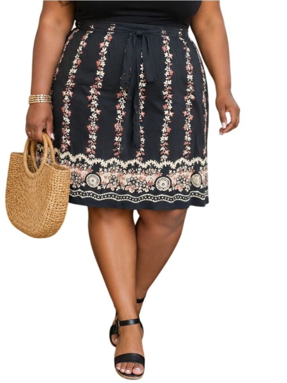 Mix Nouveau Plus Size 2x Skirt Black Floral Adjustable Tie Waist Lined Cotton